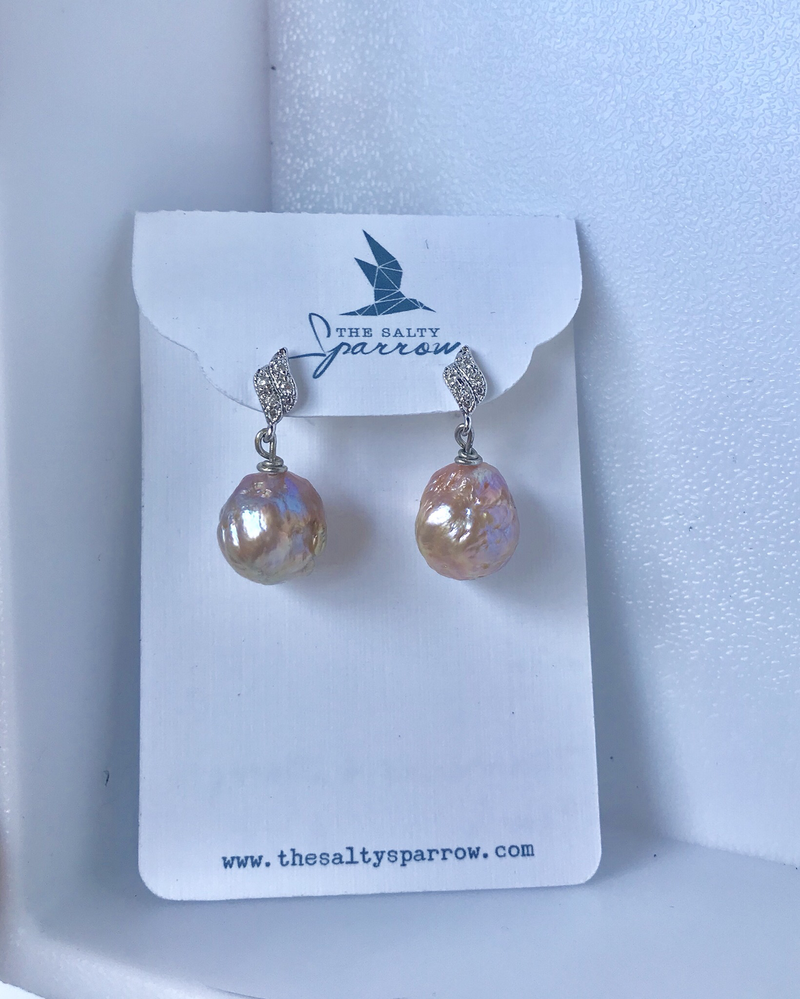 Diamond and pink baroque pearl earrings