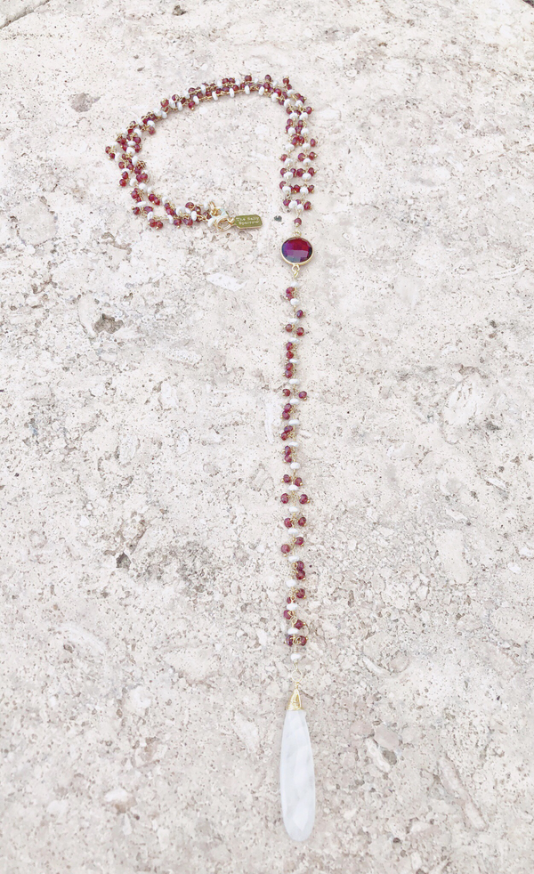 Garnet Dangle Necklace with Moonstone Pendant