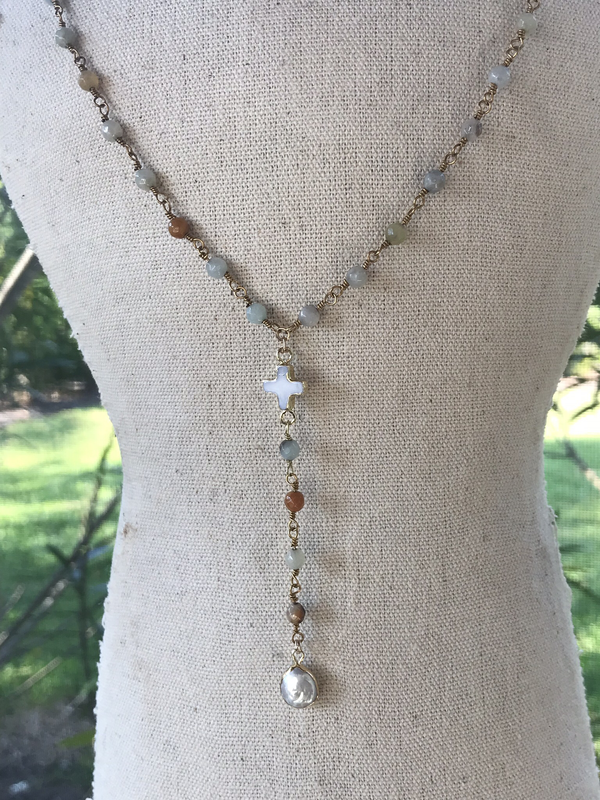 Amazonite necklace with mother-of-pearl cross, and button pearl pendant