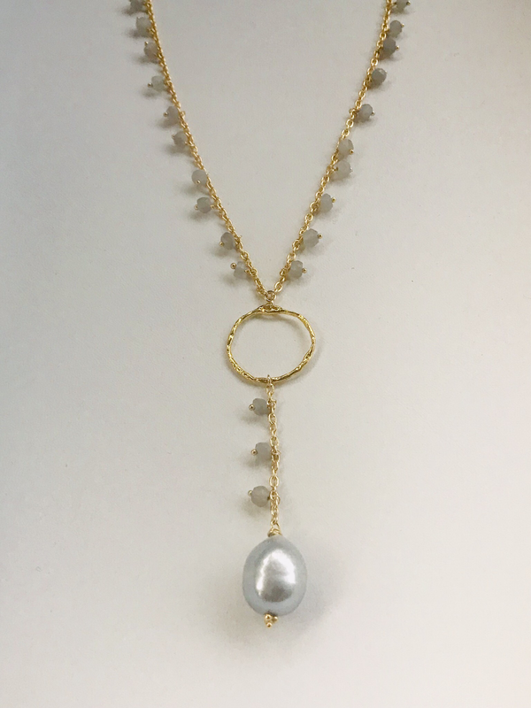 Labradorite & silver pearl Y necklace