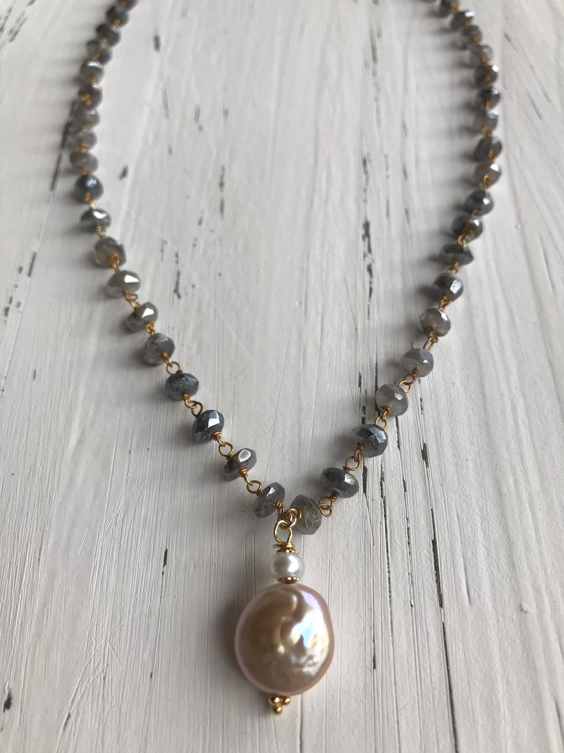 Labradorite and blush pearl necklace