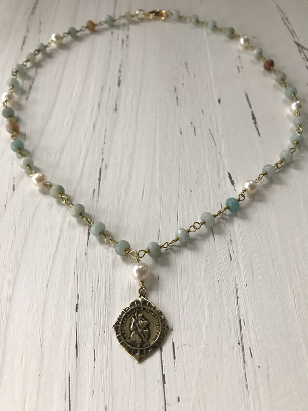 St Michael Amazonite and pearl necklace