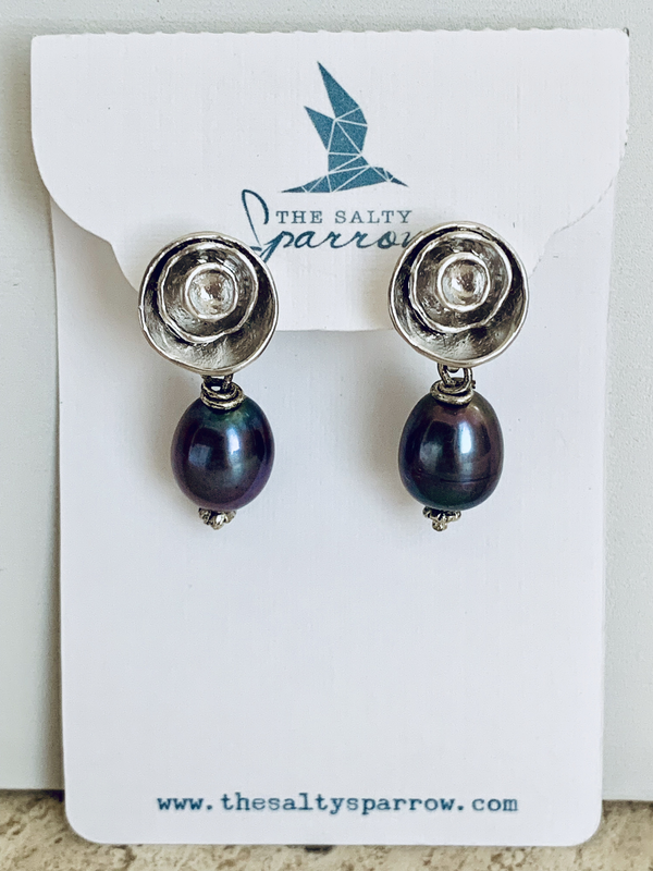 Peacock pearl drop earrings with silver rose stud