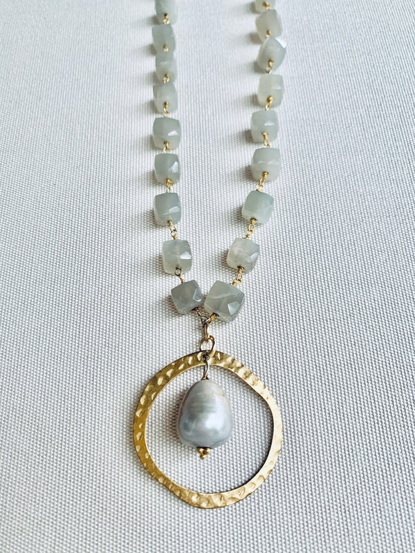Chunky gray moonstone & silver pearl necklace