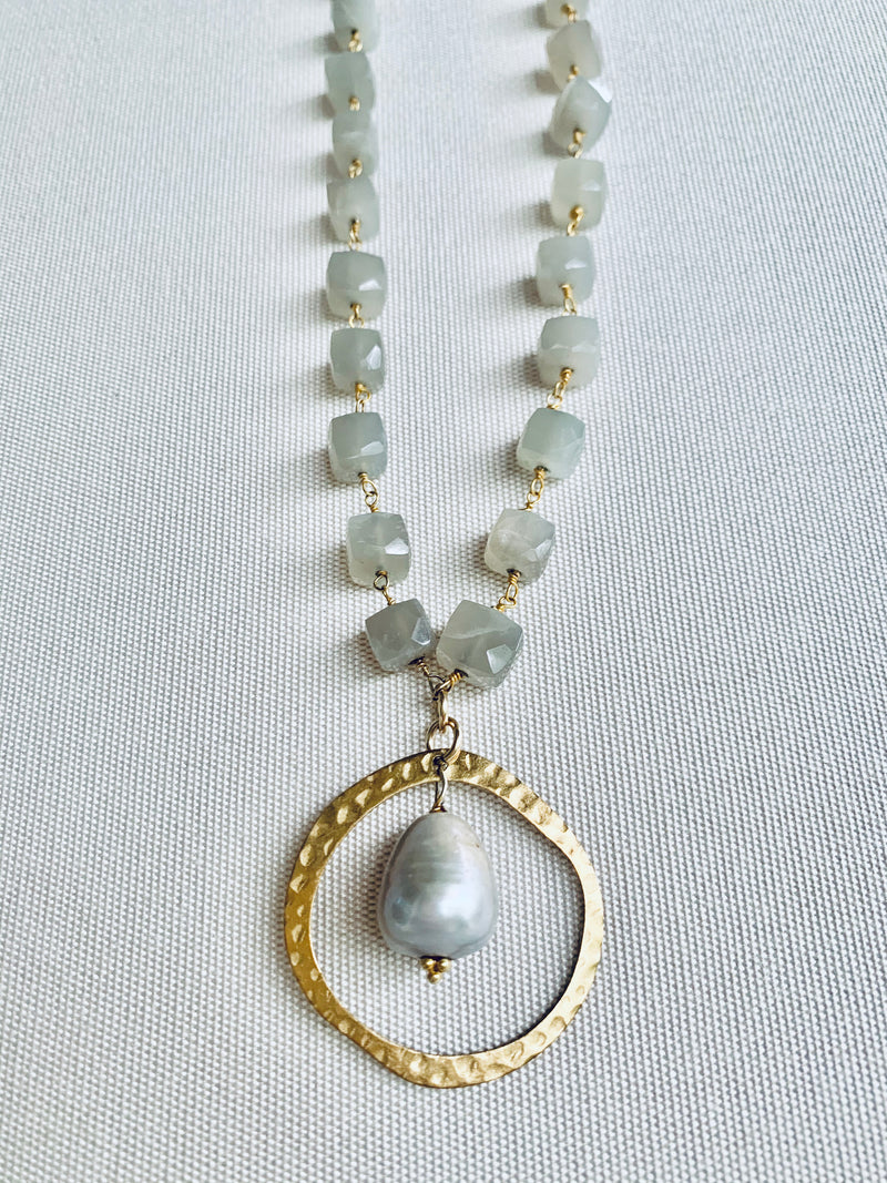 Chunky gray moonstone & silver pearl necklace