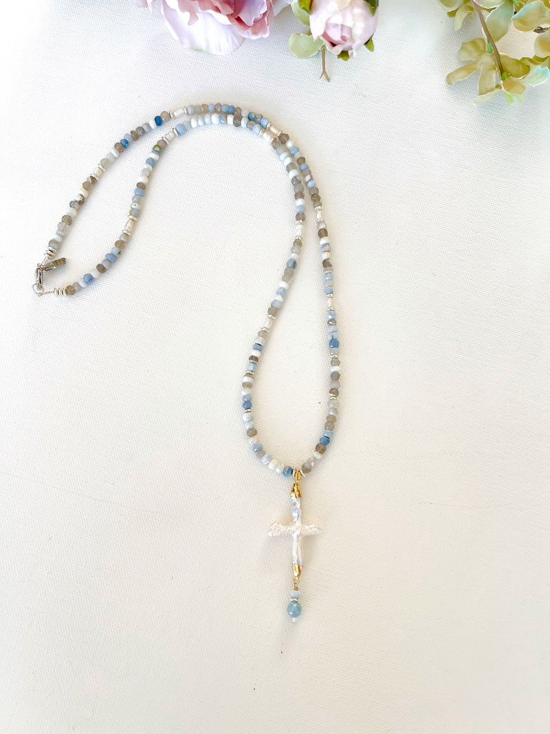 Boulder Opal Stones and Pearl Cross Necklace