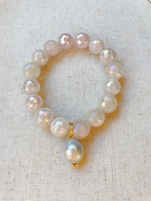 Mystic rose quartz and silver pearl bracelet