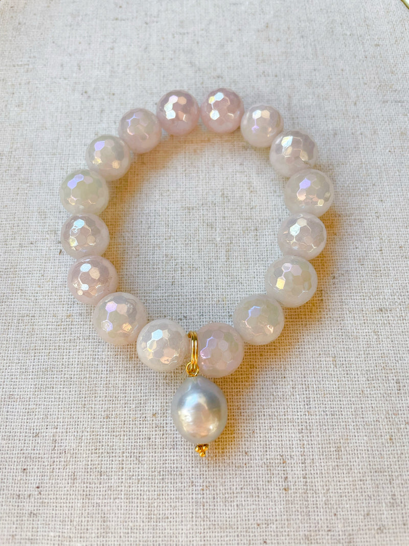 Mystic rose quartz and silver pearl bracelet
