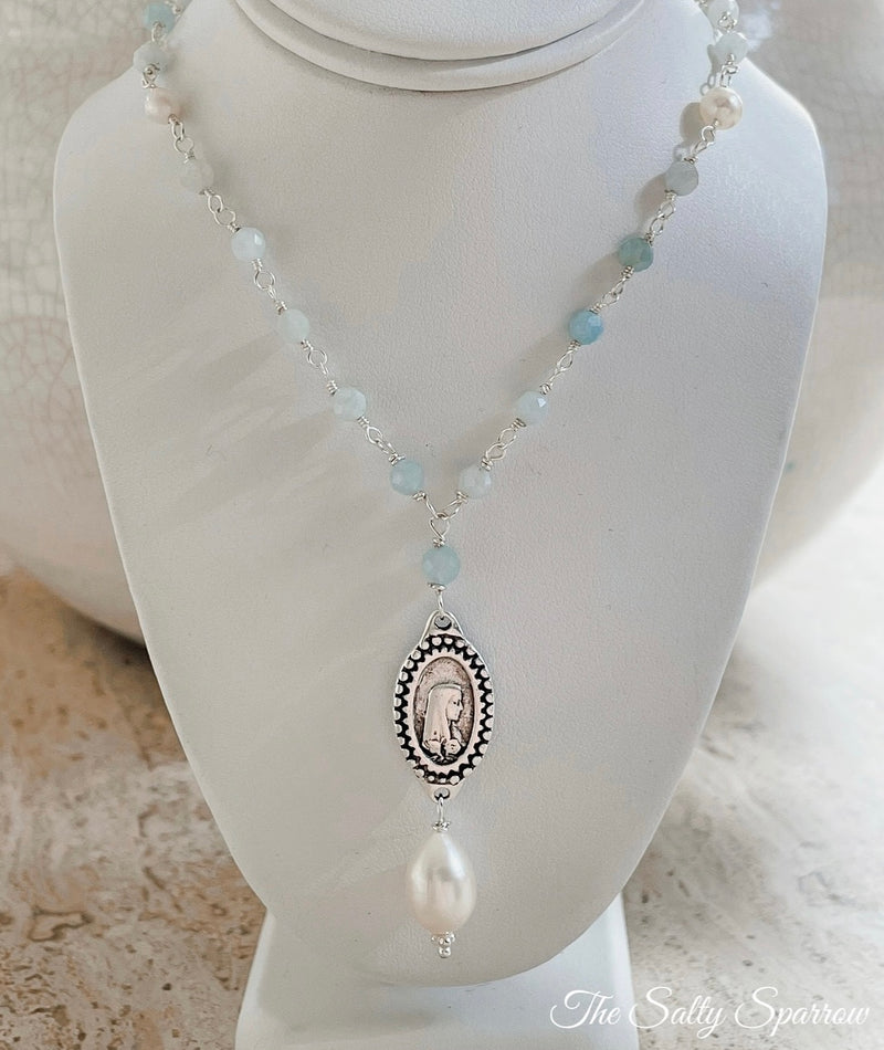 Aquamarine with religious connector & pearl drop