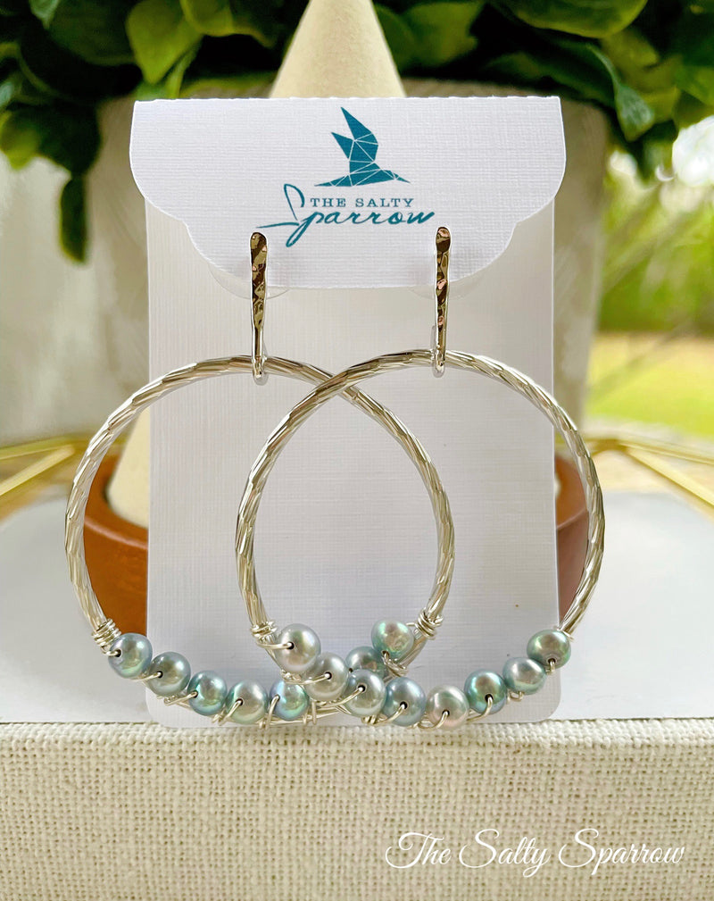 Silver wrapped pearl hoop earrings