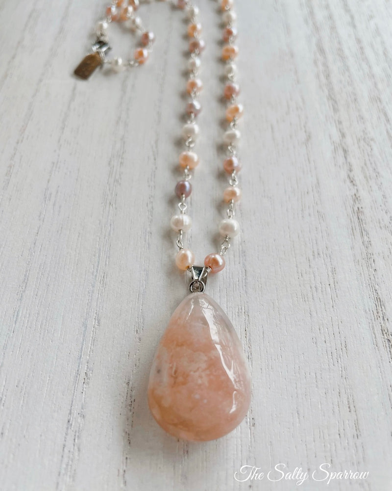 Triple hue pearl & cherry blossom agate necklace