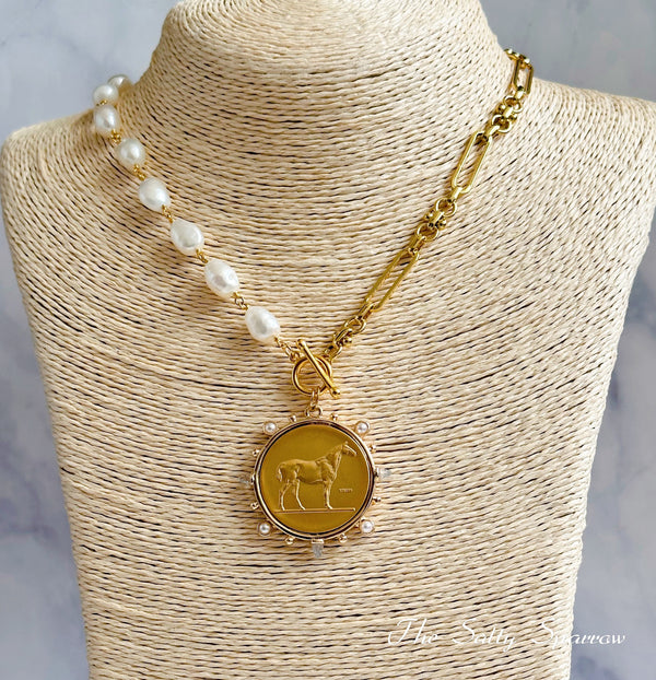 Equestrian Coin Pendant with Gold Chain & Pearls