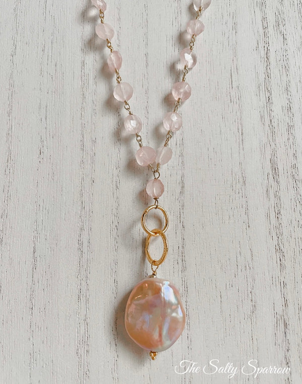 Coin Rose quartz & blush pearl necklace