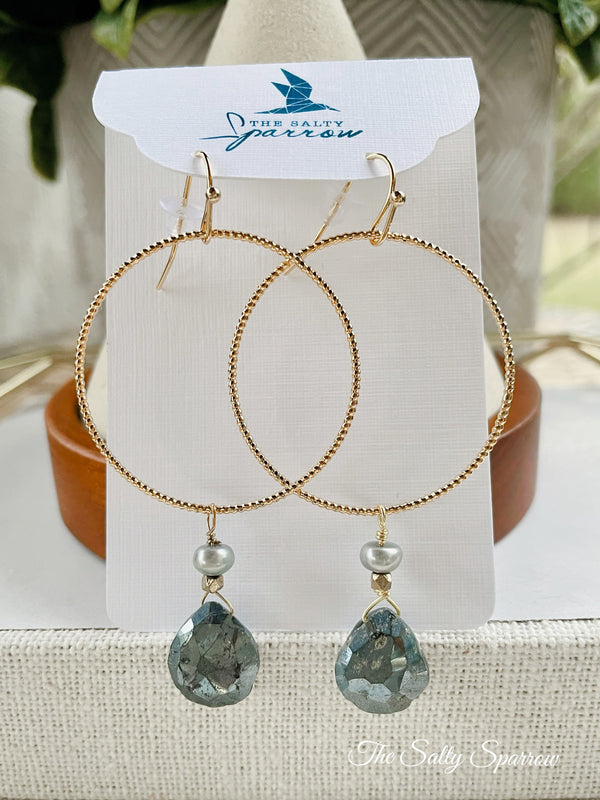 Labradorite/pearl drop hoops