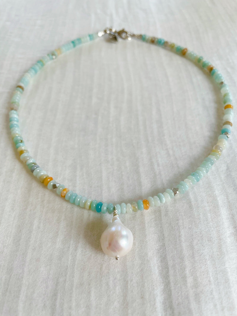 Petite Amazonite & pearl drop necklace