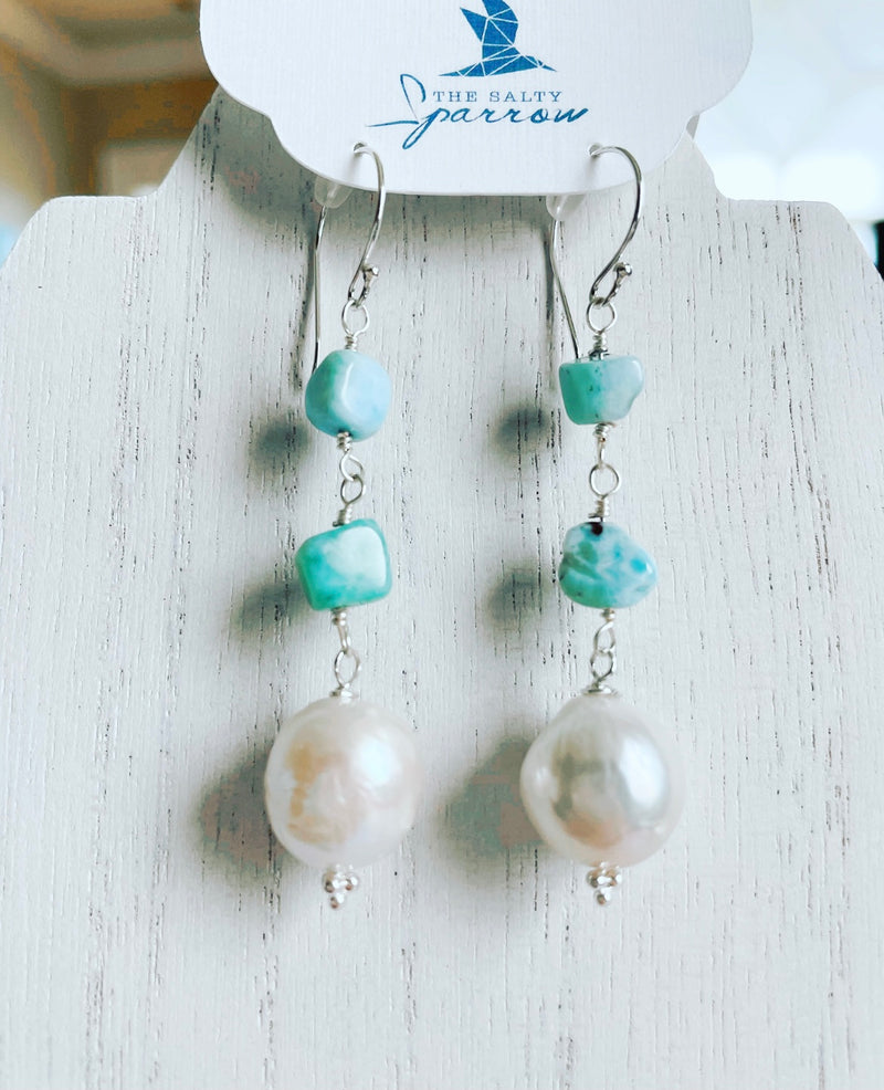 Larimar and pearl dangle earrings