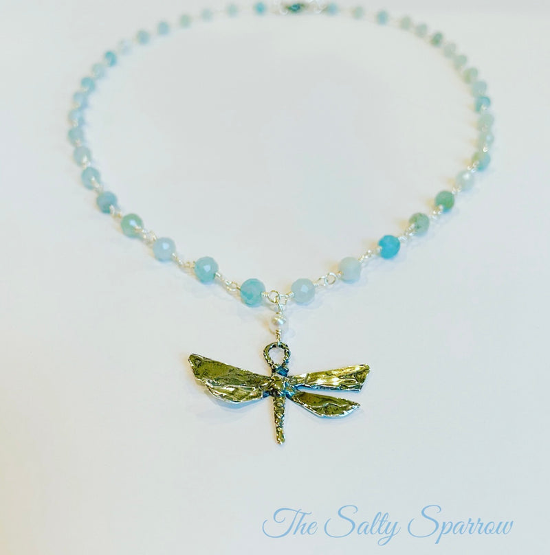 Sterling silver dragon fly and Aquamarine necklace