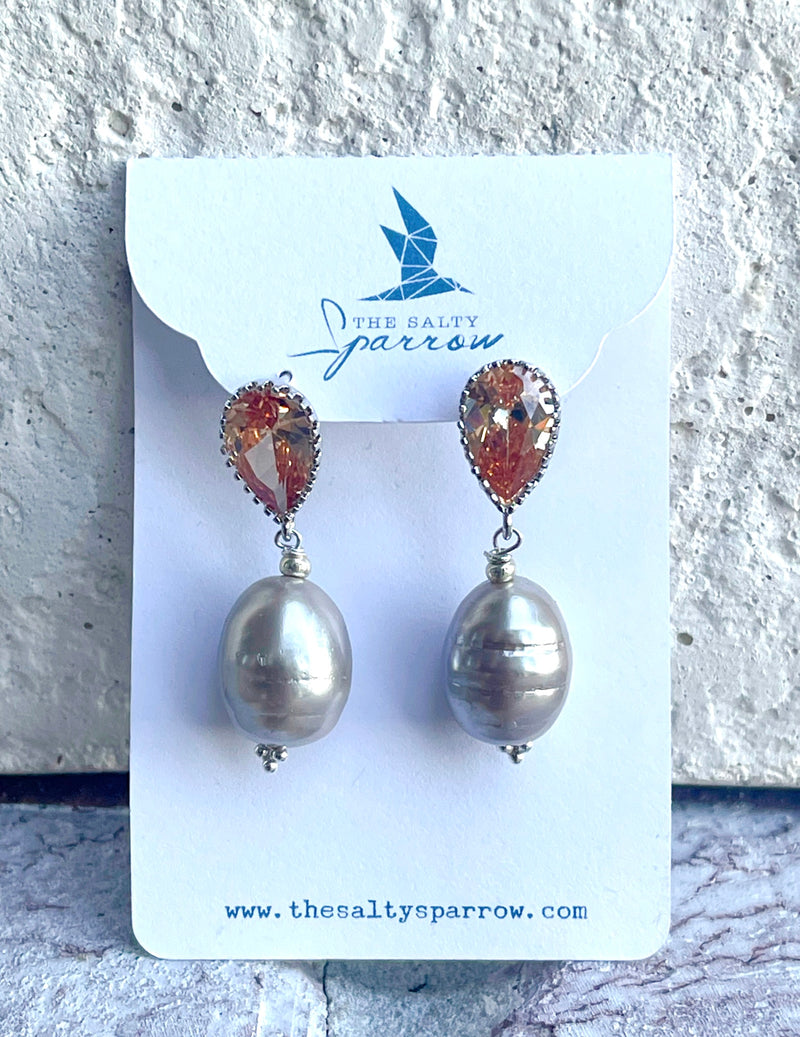 Silver Pearl Earrings with Amber Teardrop Posts