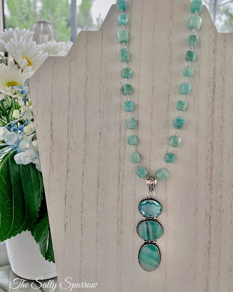 Cubed Amazonite necklace with Aquamarine & banded agate pendant