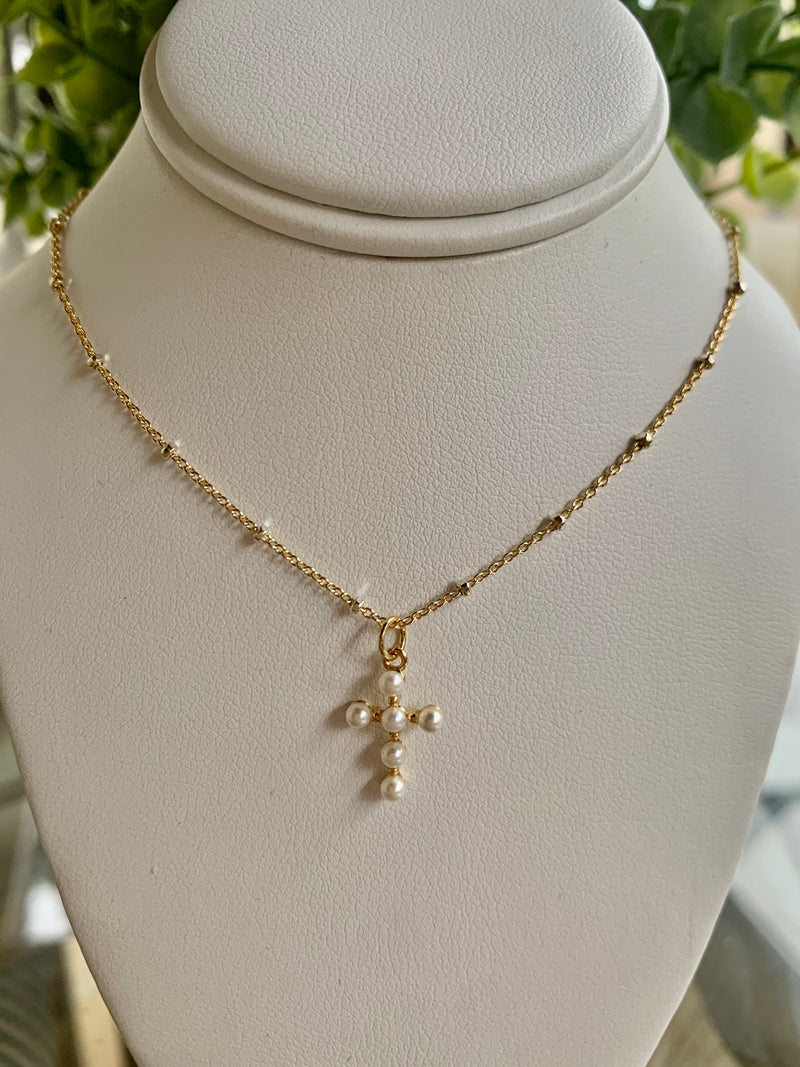 Petite pearl cross necklace
