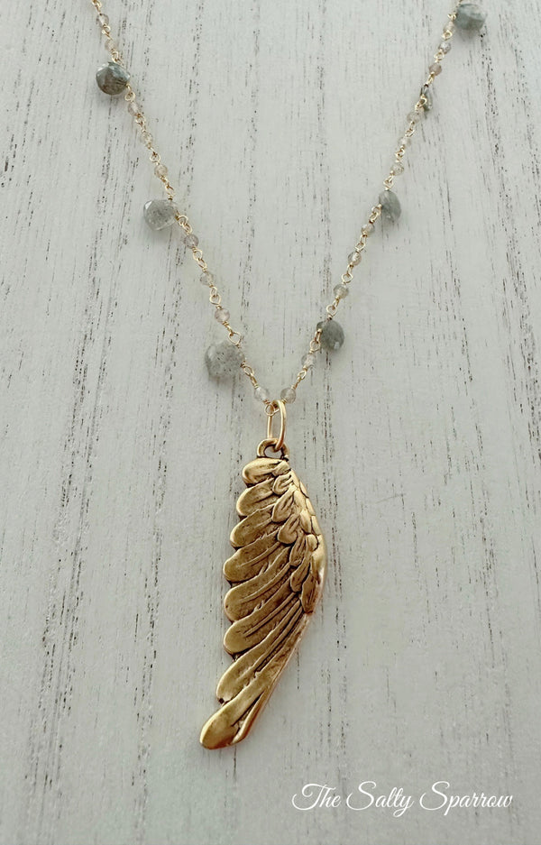 Labradorite briolettes & angel wing necklace