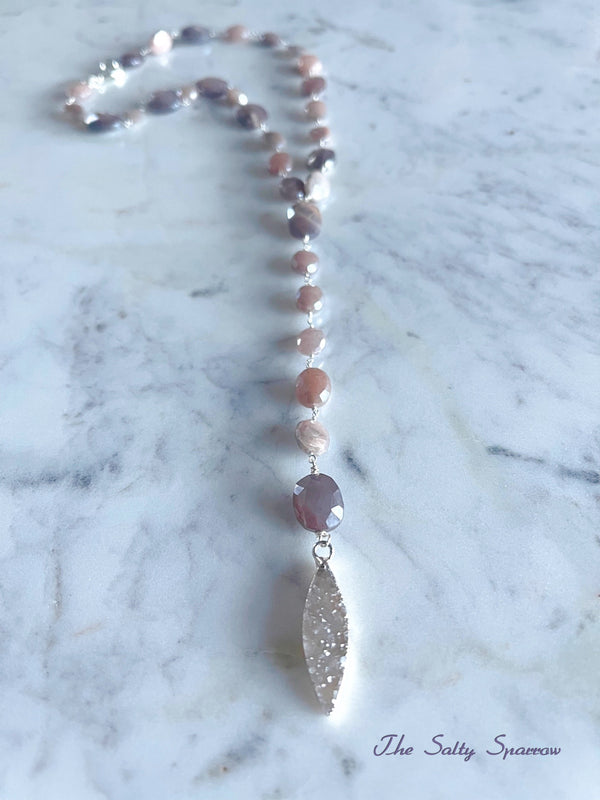 Light Moonstone Briolettes & Druzy Lariat Style Necklace