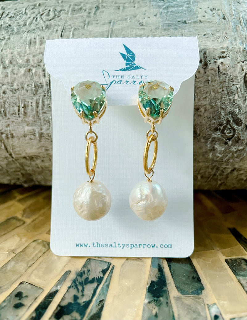 Clear blue/green quartz & baroque pearl earrings
