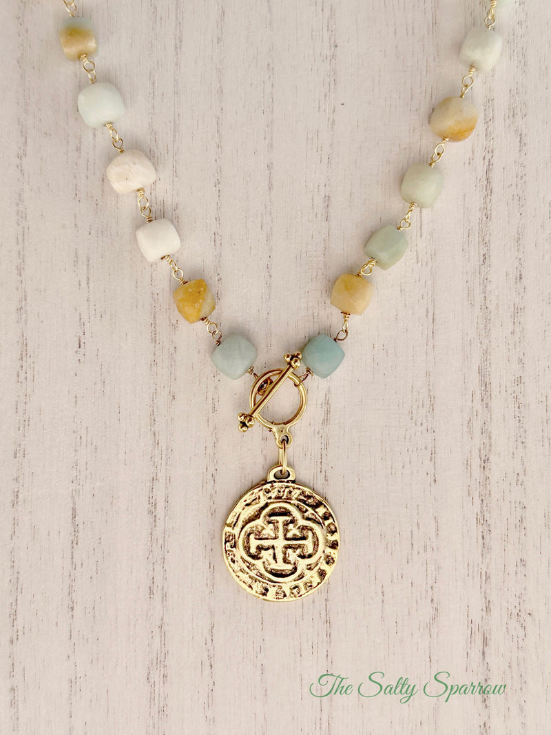 Cubed amazonite toggle necklace with cross