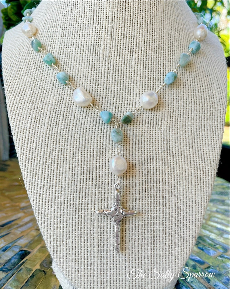 Larimar & pearl cross necklace