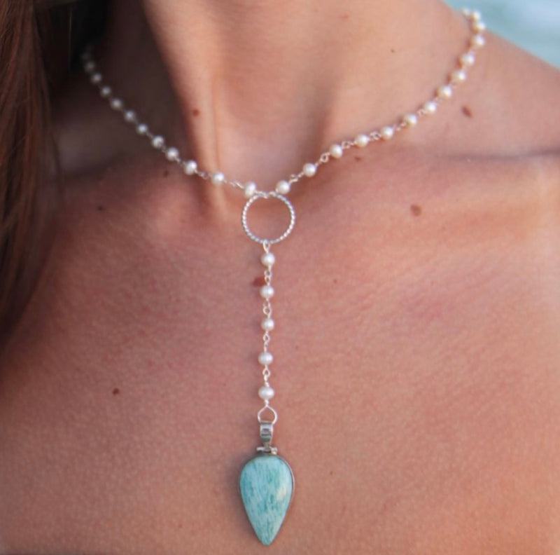 Pearl Y necklace with sterling silver Amazonite pendant