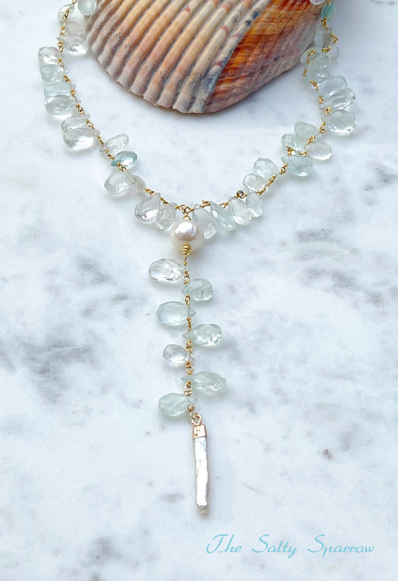 Beautiful faceted Aquamarine Briolette & Pearl Necklace
