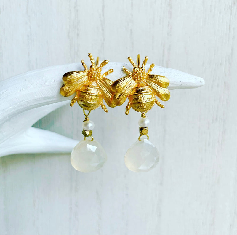 Moonstone & Pearl Bee earrings