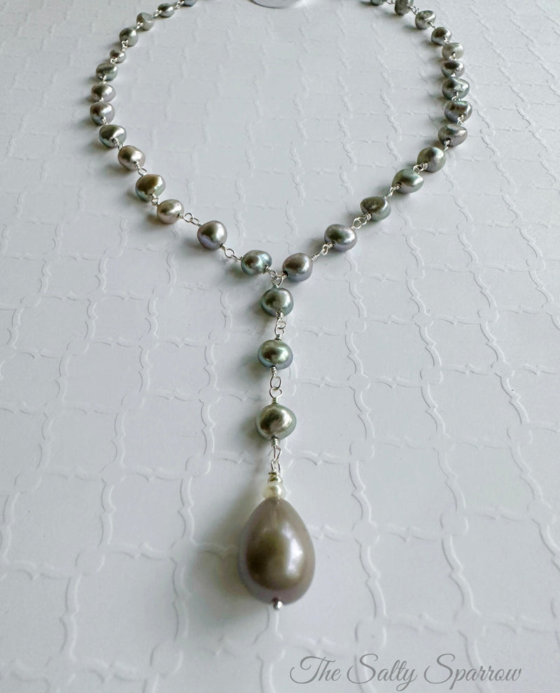 Silver pearl y drop necklace