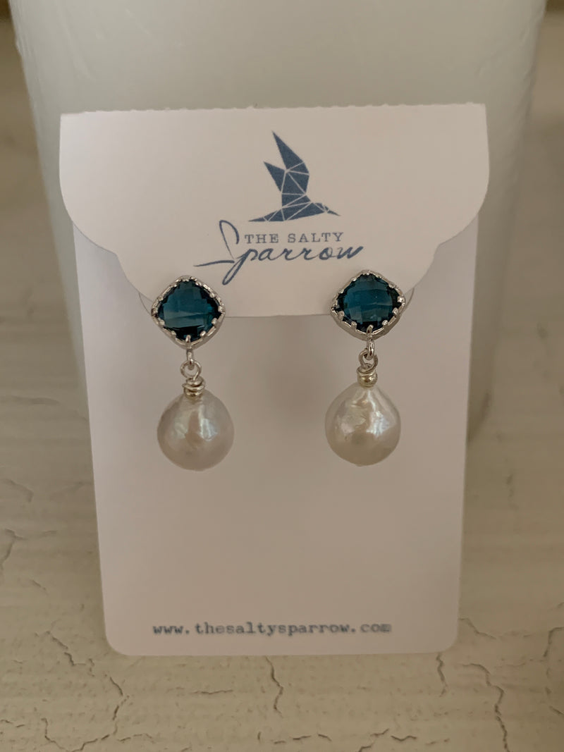 Blue quartz / freshwater pearl drop earrings