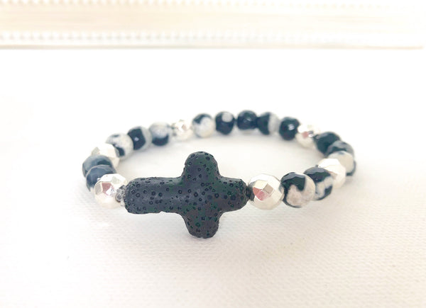 Lava Cross with Black/White Agate Stones