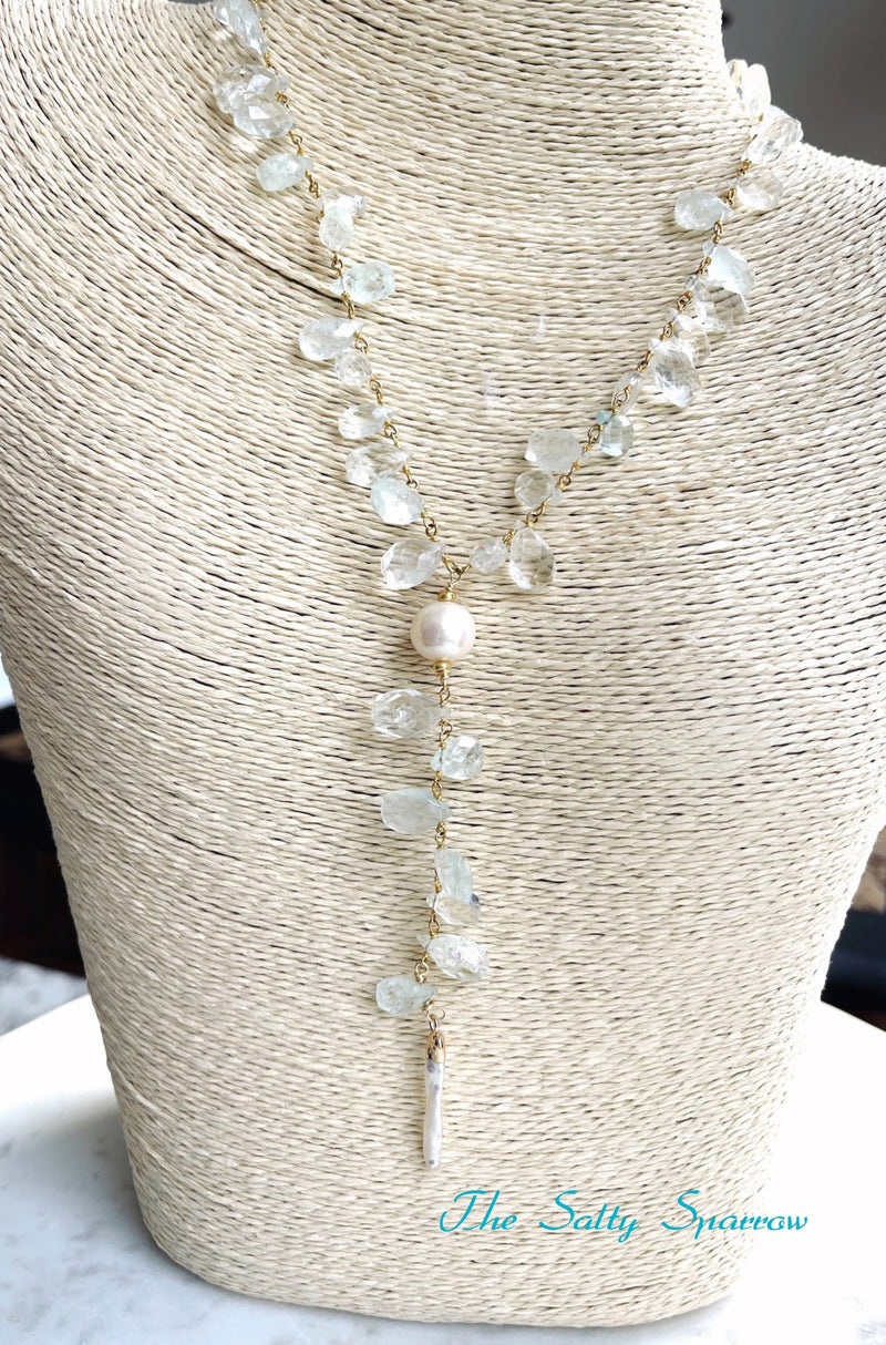 Beautiful faceted Aquamarine Briolette & Pearl Necklace