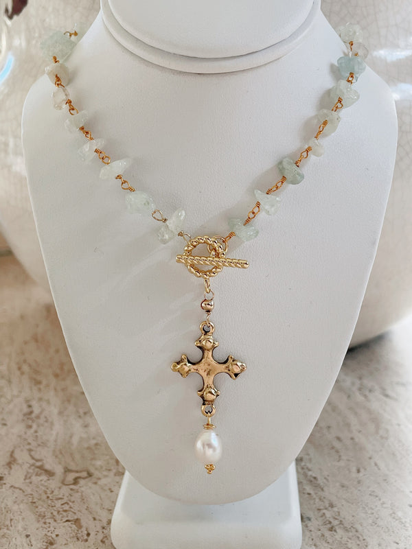 Aquamarine nugget toggle cross necklace