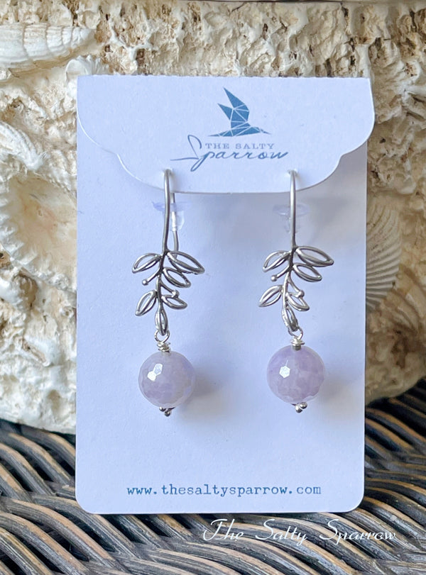 Mystic Lavender Agate & Silver Leaf Earrings