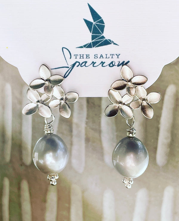 Silver flower & silver pearl drop earrings