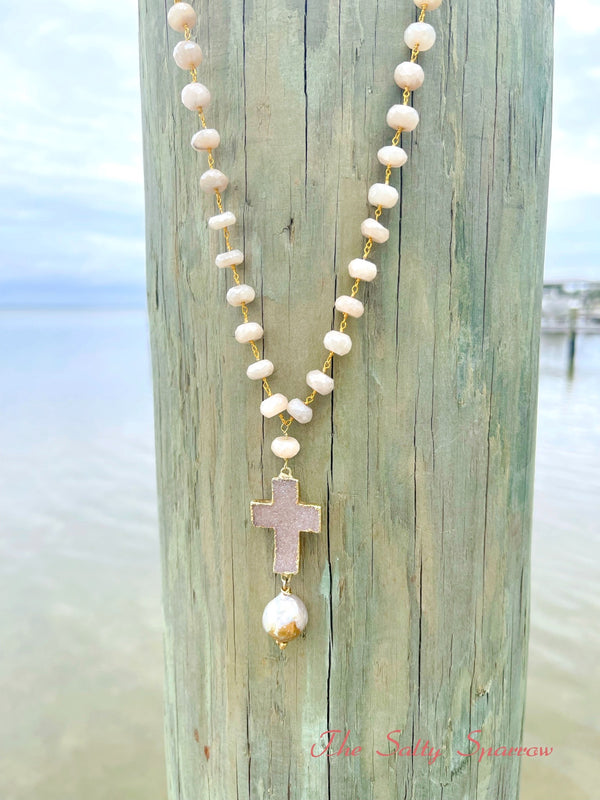 Moonstone with Druzy Cross & Baroque Pearl