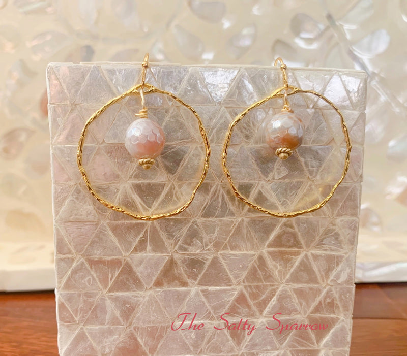 Organic Gold Hoops with Peach Silverite Stone Earrings