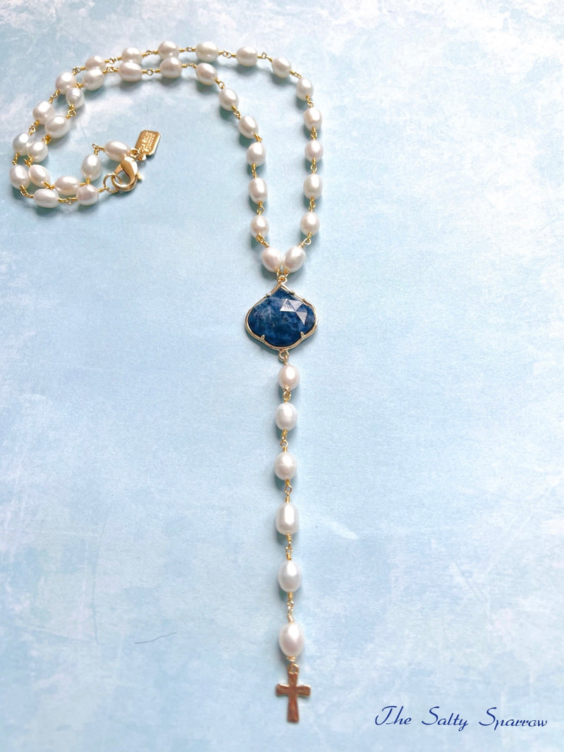 Freshwater Pearls, Sodalite Stone & Cross Necklace