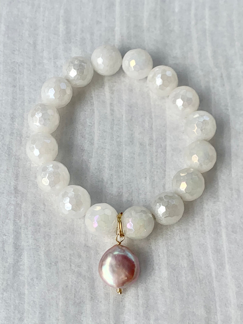 Mystic moonstone with blush coin pearl charm