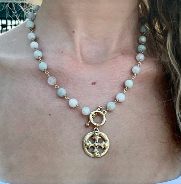 Aquamarine toggle necklace with cross