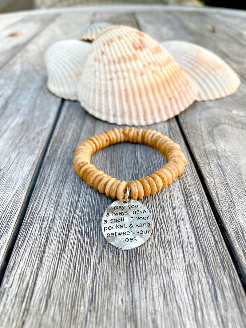 Coconut Beads and Beach Charm Bracelet
