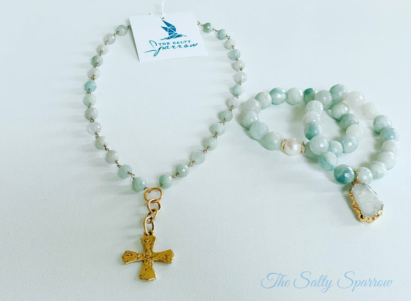 Aquamarine cross necklace and bracelet set