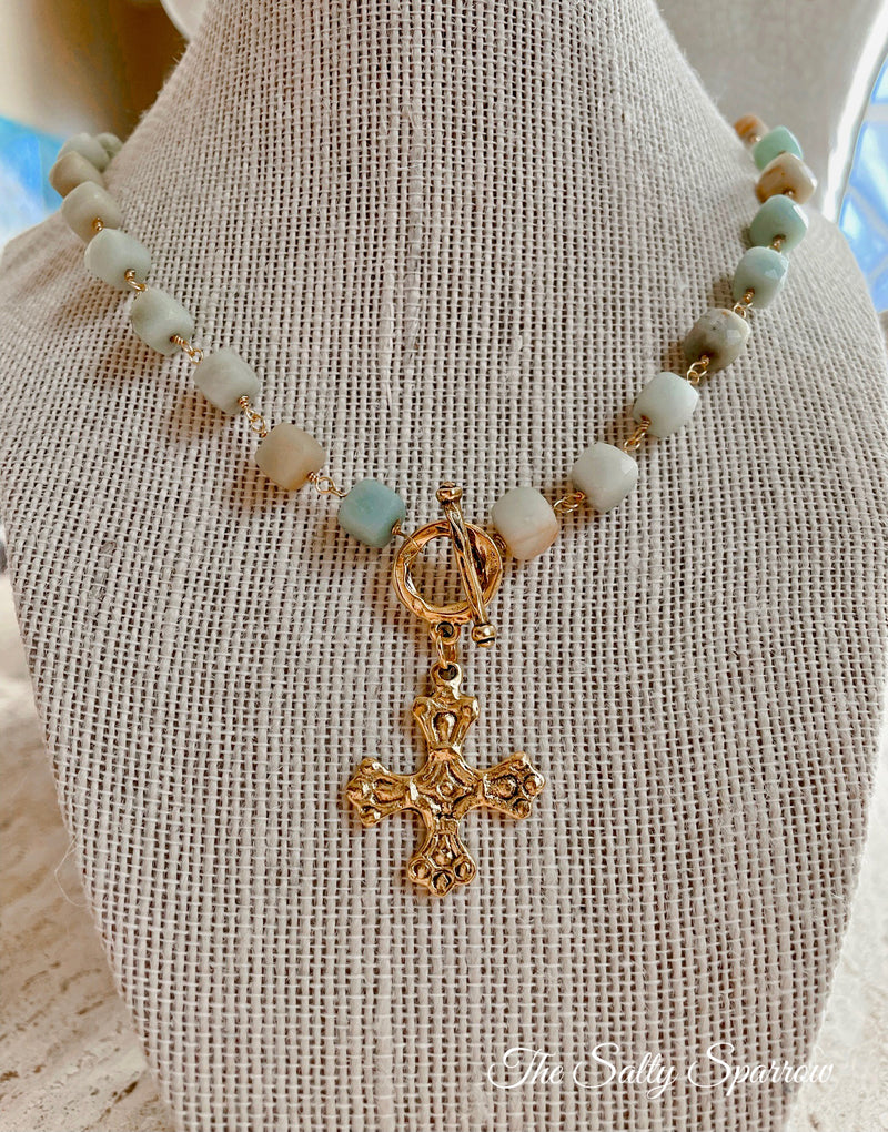 Cubed Amazonite toggle cross necklace