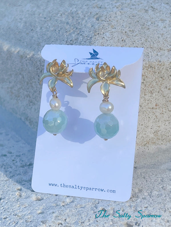 Aquamarine, Pearl & Lotus Earring Studs
