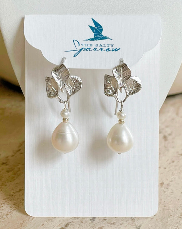 Silver leaf pearl drop earrings
