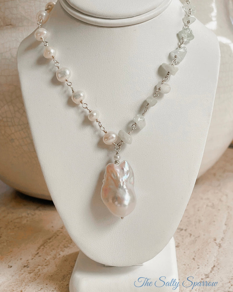 Baroque Pearl & Aquamarine short necklace